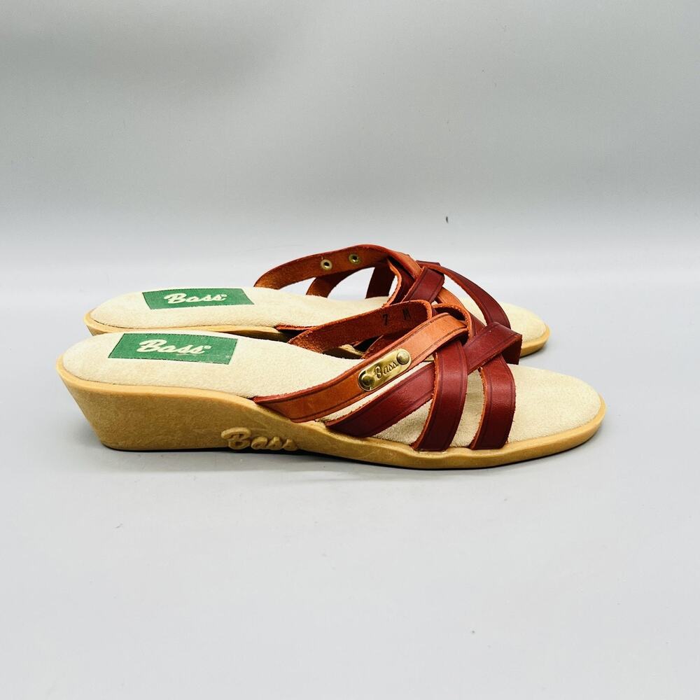Bass Sandals Womens 7 Brown Leather Crisscross Slide Wedge Comfort Shoes Vintage